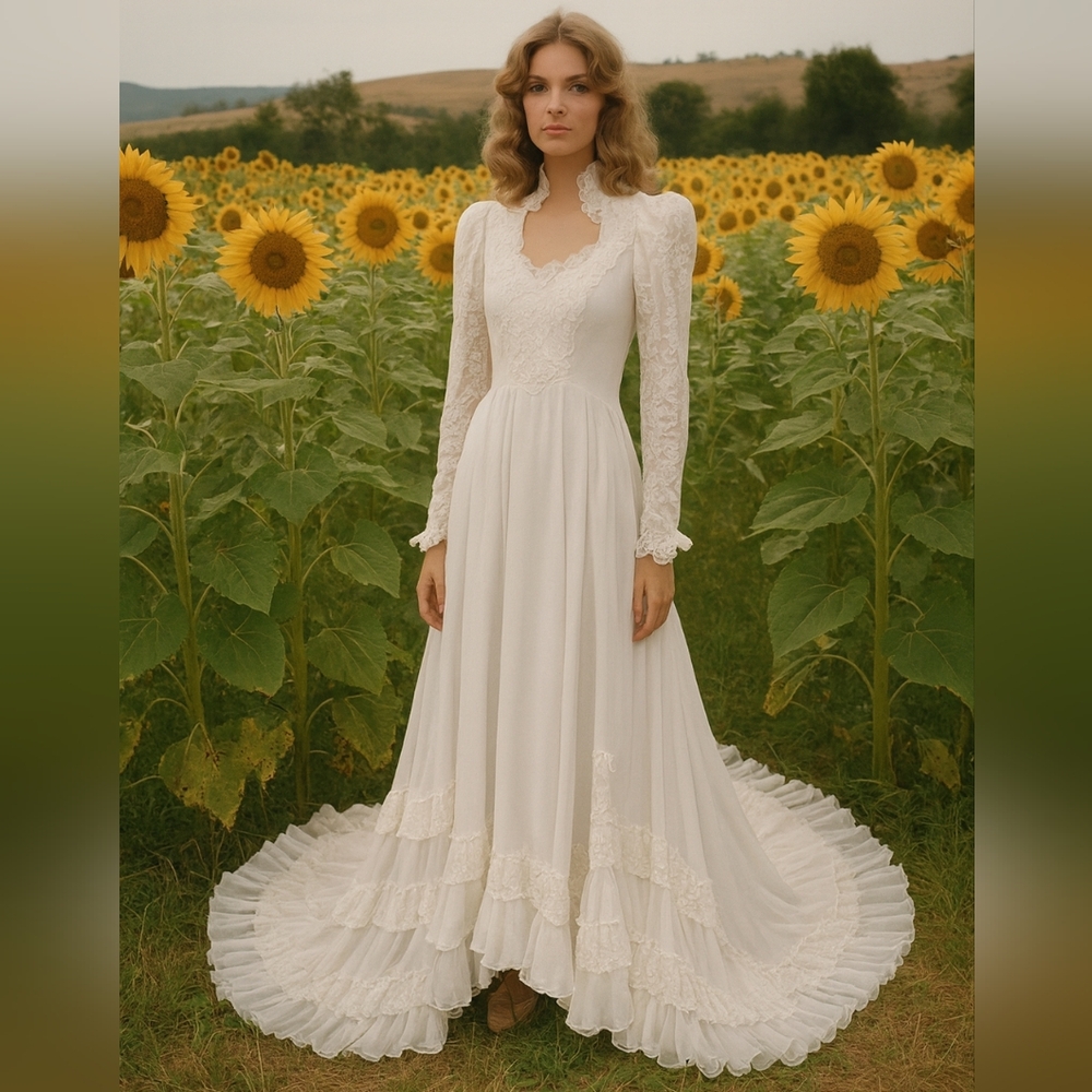 1970's Vintage Union Label White‎ Lace Full Train Wedding Dress